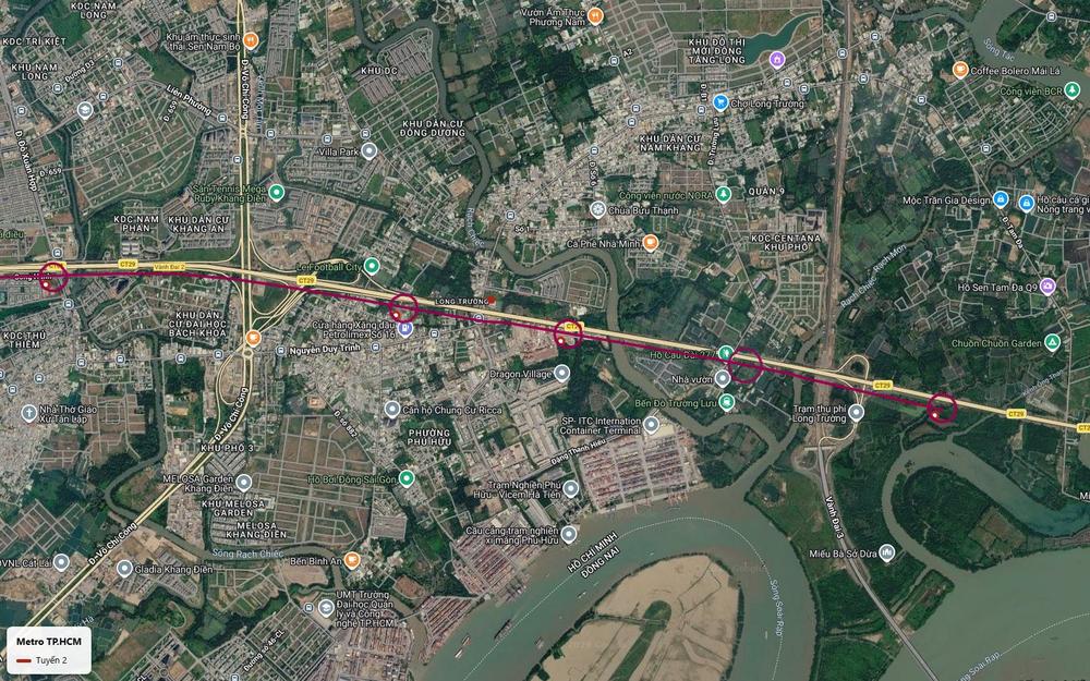 Toàn cảnh tuyến metro số 2 TP.HCM đoạn Long Trường Phú Hữu dọc Vành đai 2, gần Melosa Garden Khang Điền và sông Rạch Chiếc