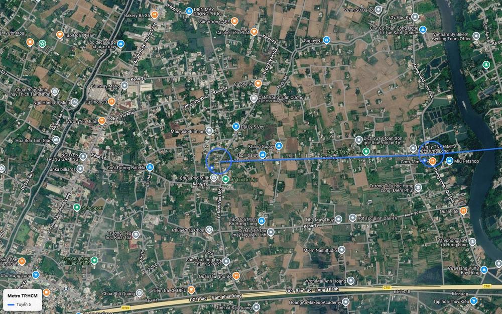Điểm cuối nhánh Hưng Long của tuyến metro số 5 gần kênh T5 và đường Đinh Văn Ước, Bình Chánh