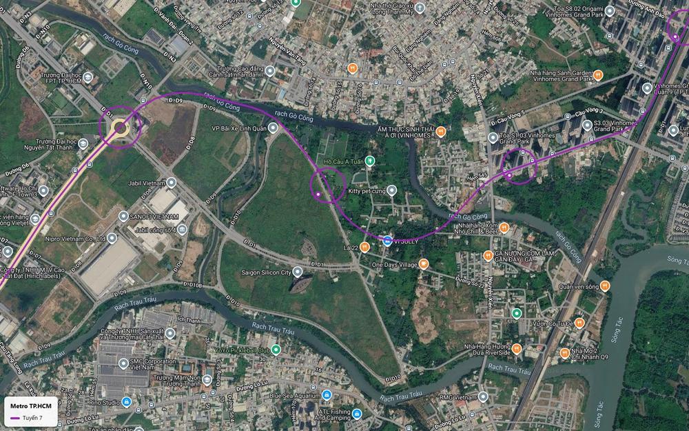 Tuyến metro số 7 men theo rạch Gò Công hướng về Đại học FPT và Đại học Nguyễn Tất Thành khu công nghệ cao