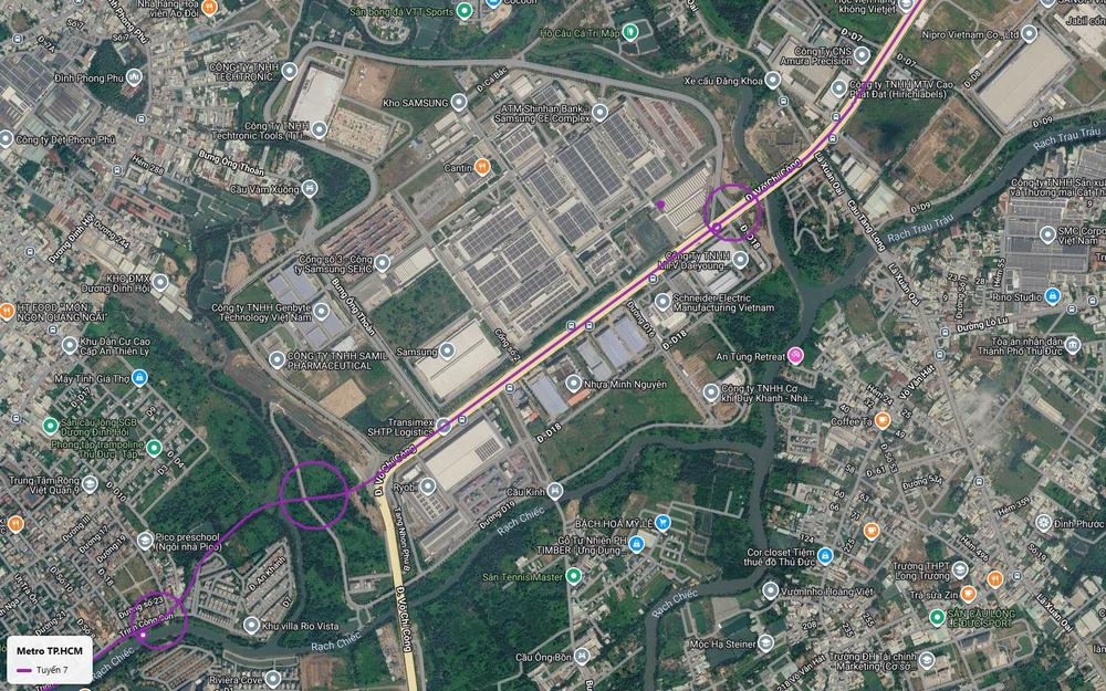 Bản đồ tuyến metro số 7 chạy dọc đường Võ Chí Công ngang nhà máy Samsung SEHC rồi rẽ hướng rạch Chiếc