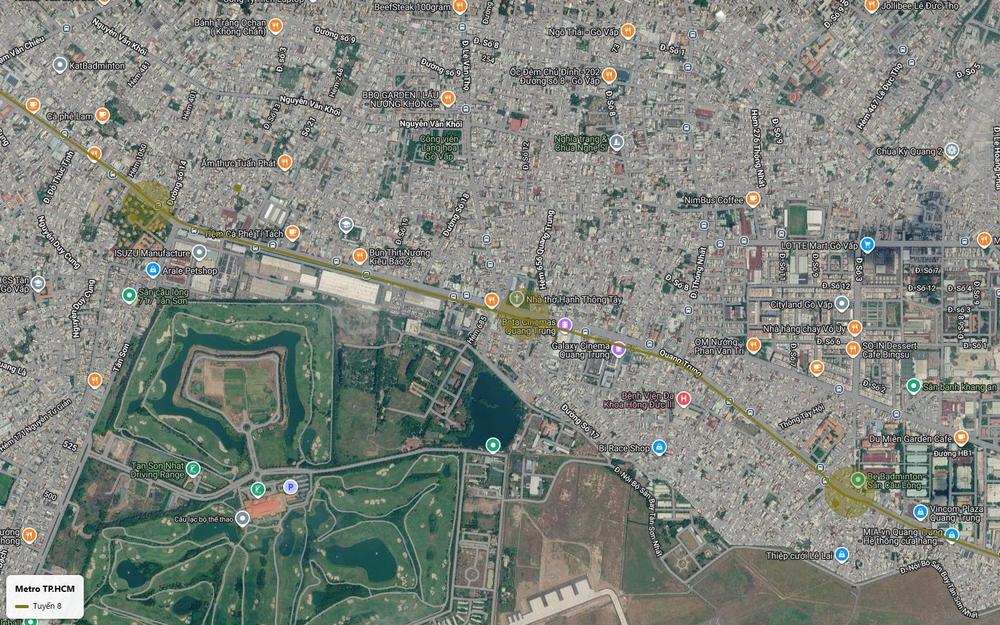 Ảnh vệ tinh đoạn Quang Trung Gò Vấp của tuyến metro số 8 qua nhà thờ Hạnh Thông Tây LOTTE Mart và Vincom Plaza