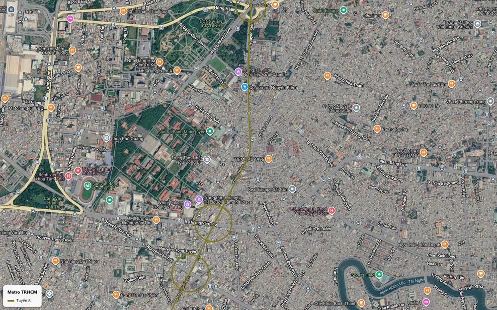Ảnh vệ tinh tuyến metro số 8 qua khu chùa Phổ Quang sân vận động Quân khu 7 tới Hoàng Văn Thụ và Nguyễn Văn Trỗi