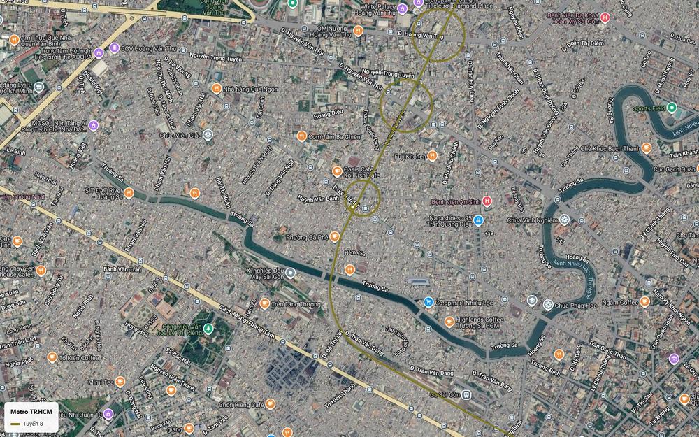 Bản đồ vệ tinh đoạn Phú Nhuận của tuyến metro số 8 qua Lê Văn Sỹ vượt kênh Nhiêu Lộc Thị Nghè về Ga Sài Gòn